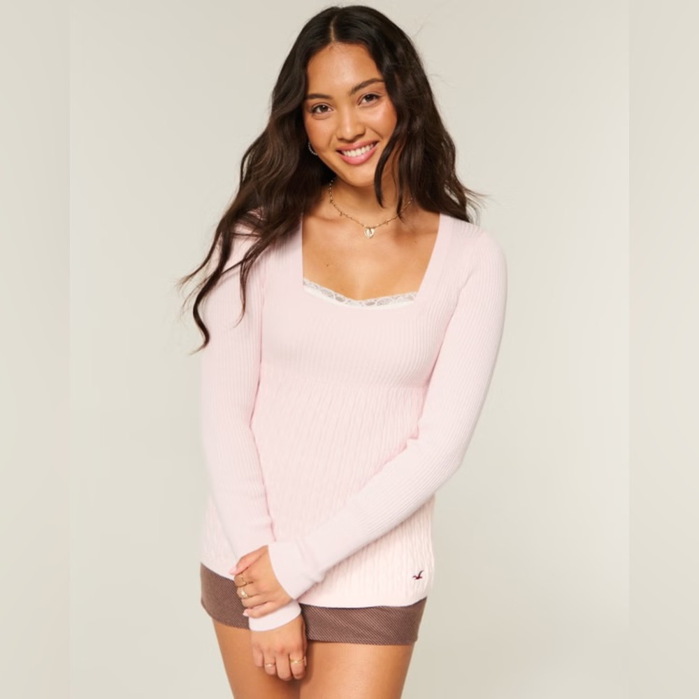 NEW Hollister Pink Square Neck Babydoll Sweater Top